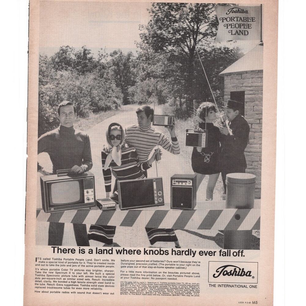 Toshiba Electronics Magazine Advertisement B&W Vintage 1968 Radio Television